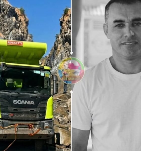 Split image left a lime green Scania dump truck at a rocky quarry right a grayscale portrait of a man in a white T shirt