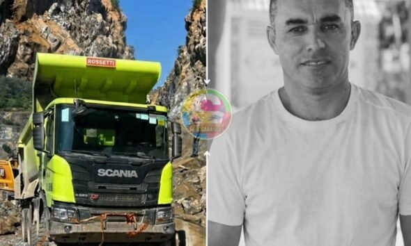 Split image left a lime green Scania dump truck at a rocky quarry right a grayscale portrait of a man in a white T shirt