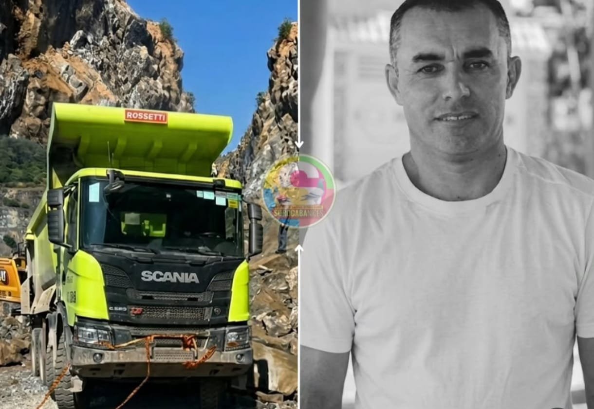 Split image left a lime green Scania dump truck at a rocky quarry right a grayscale portrait of a man in a white T shirt