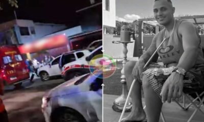 Split image showing contrast left side a nighttime street scene with emergency vehicles and people right side a grayscale photo of a man sitting outdoors with a hookah