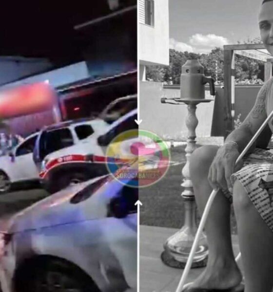 Split image showing contrast left side a nighttime street scene with emergency vehicles and people right side a grayscale photo of a man sitting outdoors with a hookah