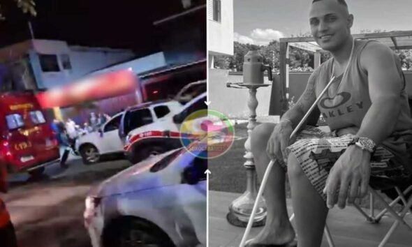 Split image showing contrast left side a nighttime street scene with emergency vehicles and people right side a grayscale photo of a man sitting outdoors with a hookah