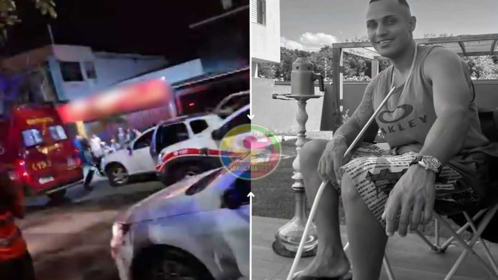 Split image showing contrast left side a nighttime street scene with emergency vehicles and people right side a grayscale photo of a man sitting outdoors with a hookah