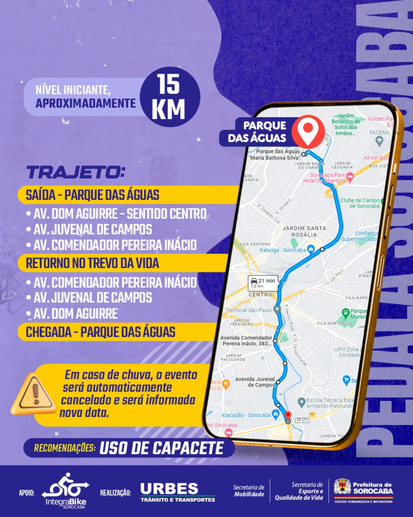 Event poster detailing a  km route to Parque das Águas with a smartphone map and step by step streets listed Main routes Av Dom Aguirre Av Juvenal de Campos Av Comendador Pereira Inácio and ArrivalsDepartures section for Parque das Águas