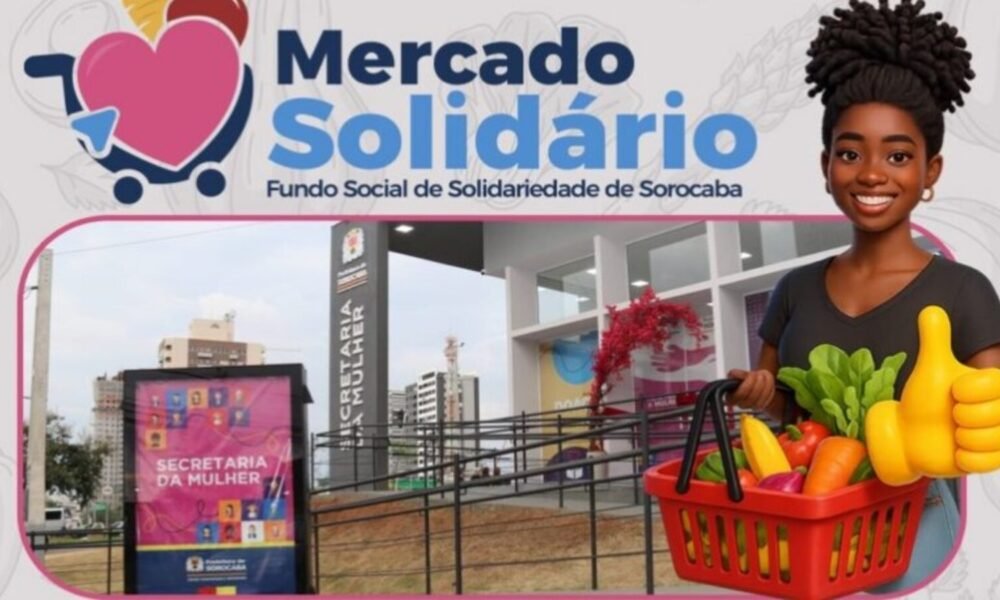 Banner for Mercado Solidário fundraiser: cheerful woman with a grocery basket of vegetables and a thumbs-up outside a community center; logo text 'Mercado Solidário' at top.