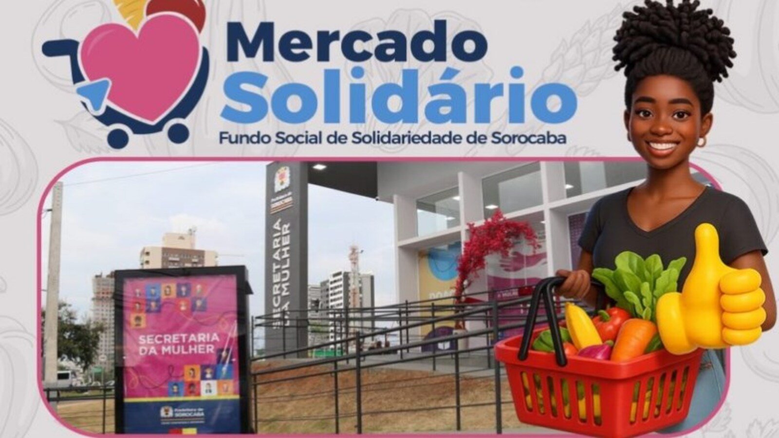 Banner for Mercado Solidário fundraiser cheerful woman with a grocery basket of vegetables and a thumbs up outside a community center logo text Mercado Solidário at top
