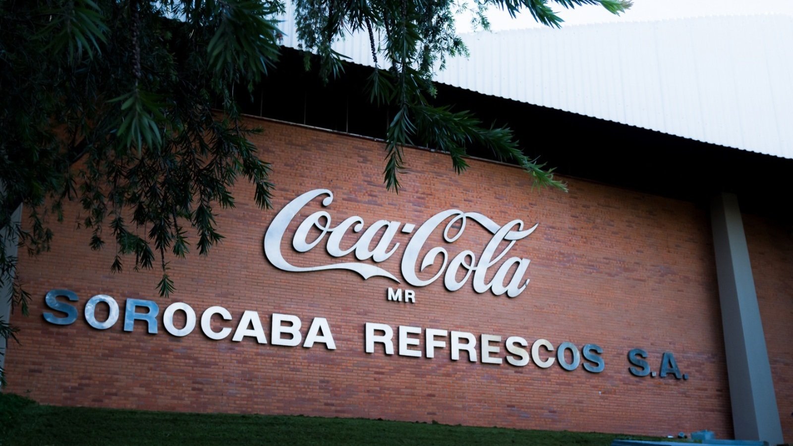 Brick wall with a large Coca Cola logo and the words SOROCABA REFRESCOS SA under it with overhanging tree branches