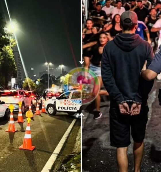 Nighttime street scene with police cars traffic cones and bright streetlights forming a barricade Details of a police operation at night informative