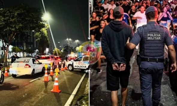 Nighttime street scene with police cars traffic cones and bright streetlights forming a barricade Details of a police operation at night informative