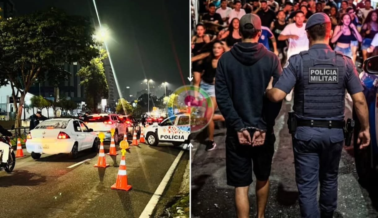 Nighttime street scene with police cars traffic cones and bright streetlights forming a barricade Details of a police operation at night informative