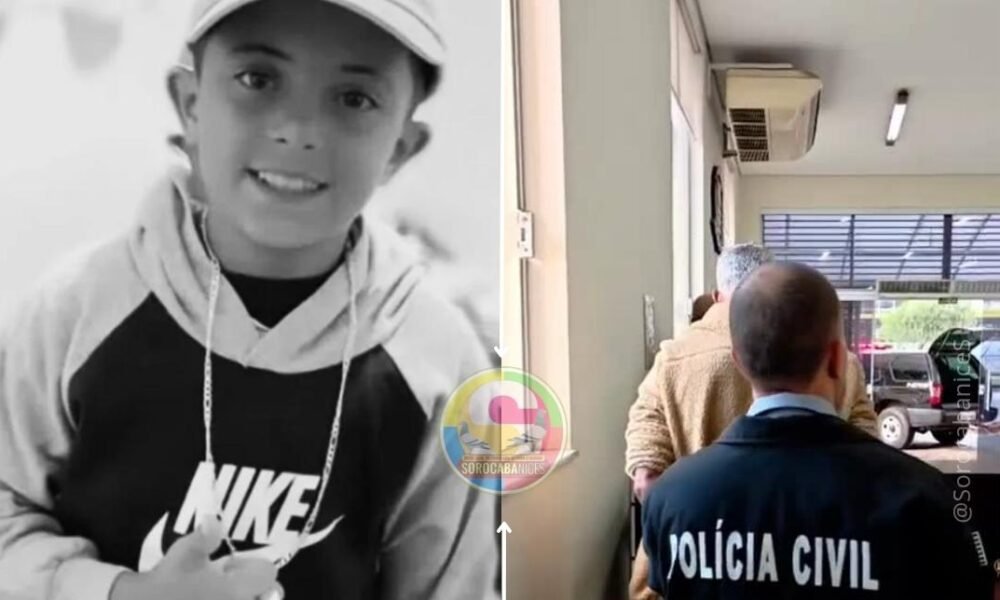 Split image: left side shows a smiling boy wearing a Nike hoodie and cap in black-and-white; right side shows a hallway with a man wearing a Polícia Civil jacket seen from behind.