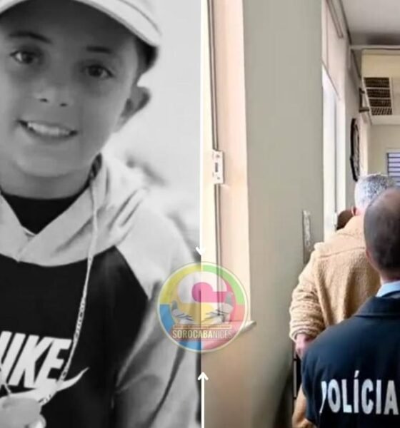 Split image left side shows a smiling boy wearing a Nike hoodie and cap in black and white right side shows a hallway with a man wearing a Polícia Civil jacket seen from behind