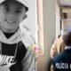 Split image left side shows a smiling boy wearing a Nike hoodie and cap in black and white right side shows a hallway with a man wearing a Polícia Civil jacket seen from behind