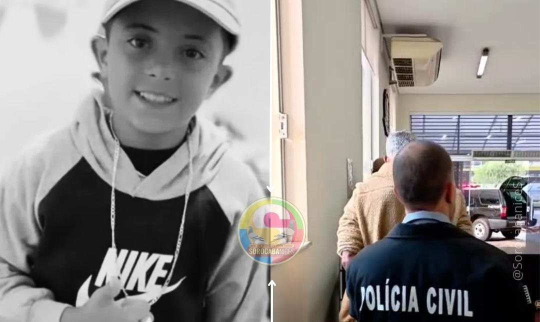 Split image left side shows a smiling boy wearing a Nike hoodie and cap in black and white right side shows a hallway with a man wearing a Polícia Civil jacket seen from behind