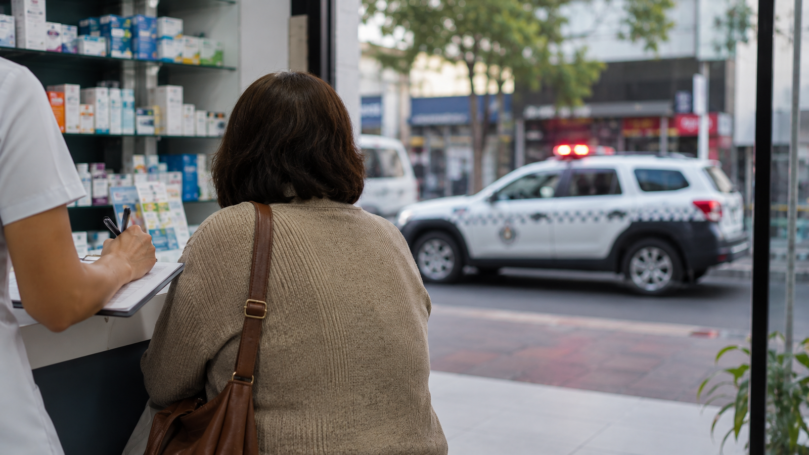 Customer with a brown shoulder bag at a store counter writes on a clipboard while a pharmacist assists shelves of medications behind them and a police SUV with flashing lights visible outside the window