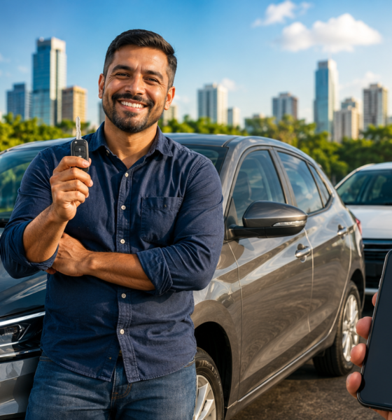 Smiling man in a blue shirt holds up car key beside a gray sedan with a taxi waiting in the background