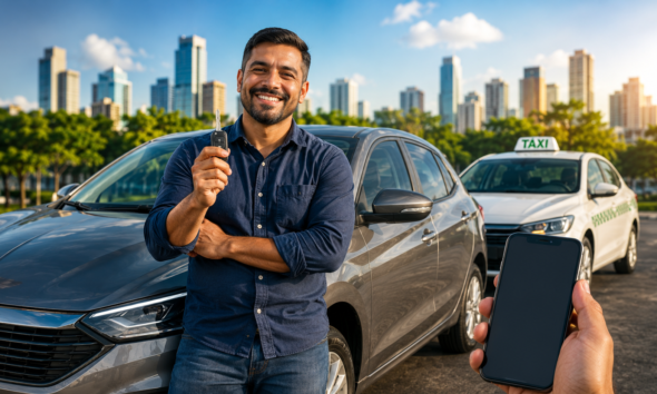 Smiling man in a blue shirt holds up car key beside a gray sedan with a taxi waiting in the background