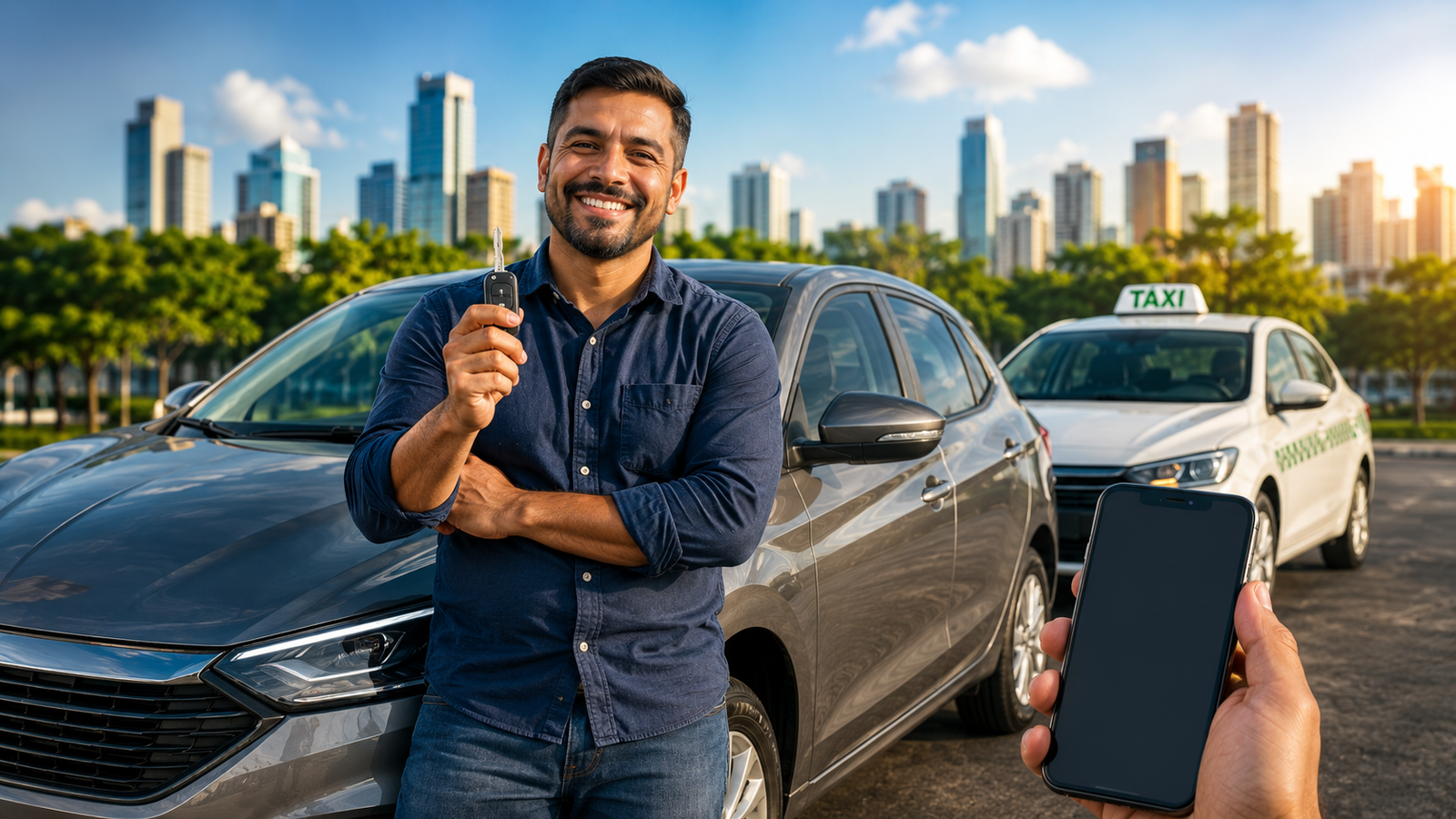 Smiling man in a blue shirt holds up car key beside a gray sedan with a taxi waiting in the background