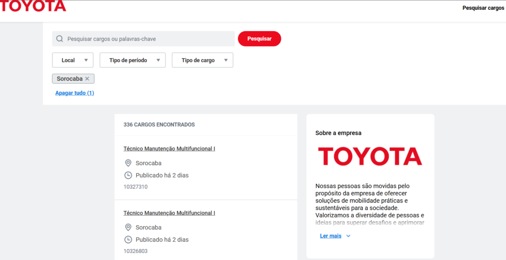 Página de busca de cargos da Toyota com filtros resultados em Sorocaba e card da empresa no lado direito