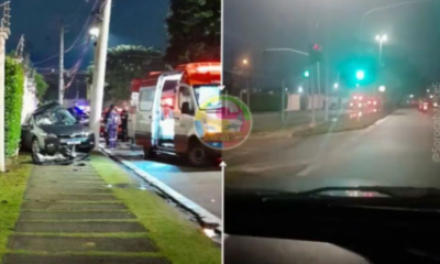 Nighttime split image left shows a crashed car ambulance on scene and responders right shows a dim street with a green traffic light