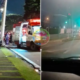 Nighttime split image left shows a crashed car ambulance on scene and responders right shows a dim street with a green traffic light