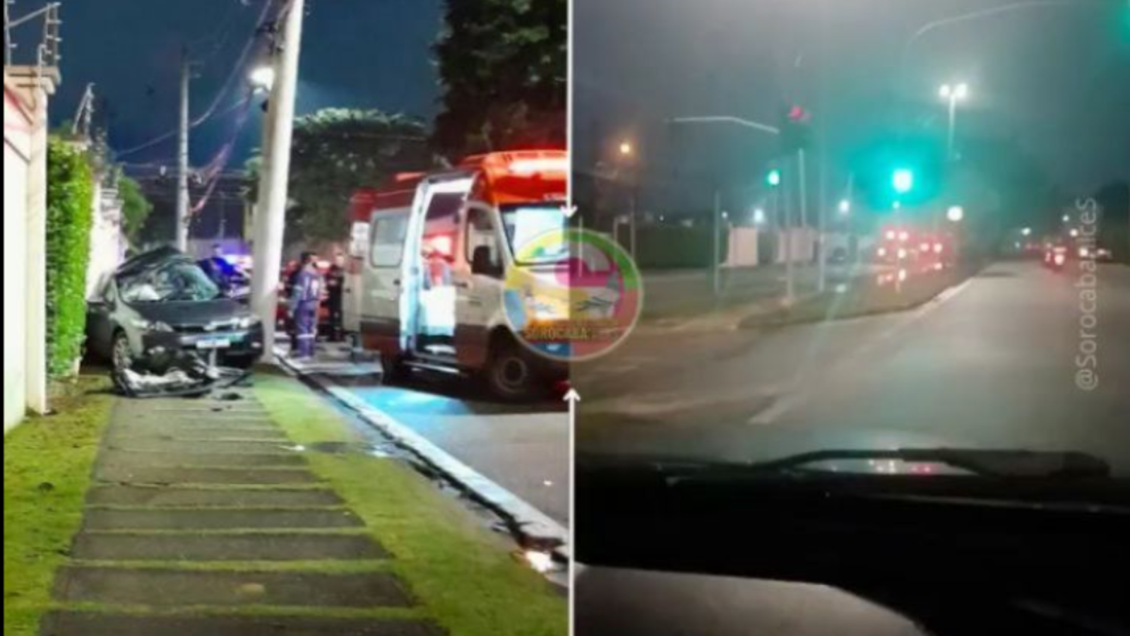 Nighttime split image left shows a crashed car ambulance on scene and responders right shows a dim street with a green traffic light