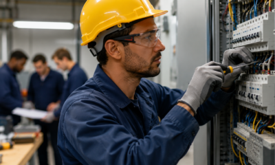 Electrical technician in a yellow hard hat and safety glasses wiring a control panel with coworkers blurred in the background