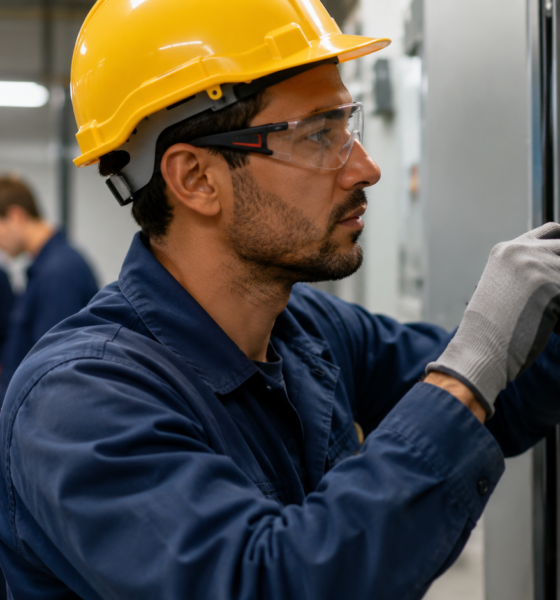 Electrical technician in a yellow hard hat and safety glasses wiring a control panel with coworkers blurred in the background