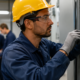 Electrical technician in a yellow hard hat and safety glasses wiring a control panel with coworkers blurred in the background