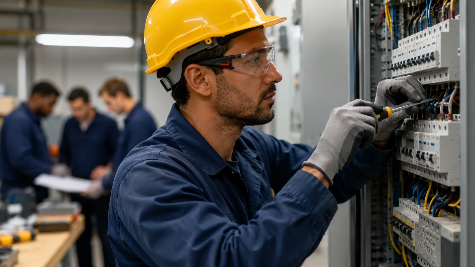 Electrical technician in a yellow hard hat and safety glasses wiring a control panel with coworkers blurred in the background