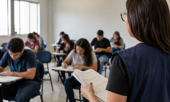 Instructor at the front of a classroom holds papers while students sit at desks and take notes nearby