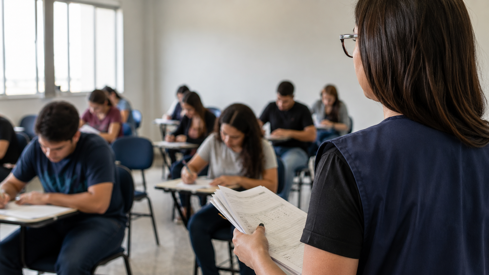 Instructor at the front of a classroom holds papers while students sit at desks and take notes nearby