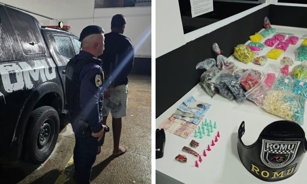 Left: police officer in uniform with a detainee beside a ROMU SUV; right: seized drugs, cash, and small bags on a table with a ROMU cap visible.