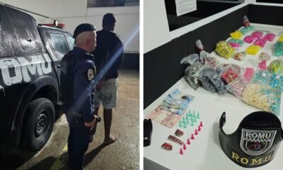 Left: police officer in uniform with a detainee beside a ROMU SUV; right: seized drugs, cash, and small bags on a table with a ROMU cap visible.