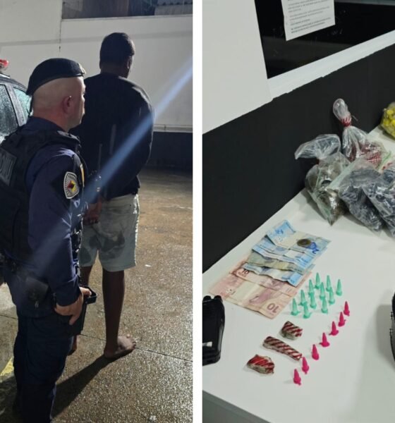 Left police officer in uniform with a detainee beside a ROMU SUV right seized drugs cash and small bags on a table with a ROMU cap visible