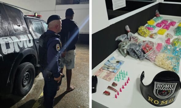 Left police officer in uniform with a detainee beside a ROMU SUV right seized drugs cash and small bags on a table with a ROMU cap visible
