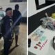 Left police officer in uniform with a detainee beside a ROMU SUV right seized drugs cash and small bags on a table with a ROMU cap visible