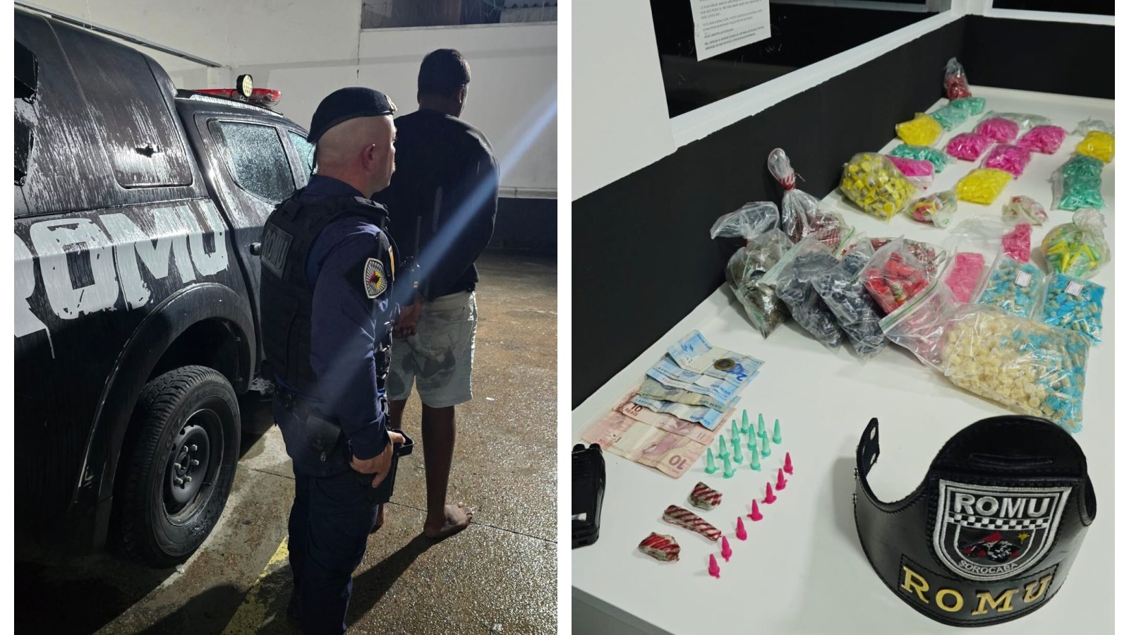 Left police officer in uniform with a detainee beside a ROMU SUV right seized drugs cash and small bags on a table with a ROMU cap visible