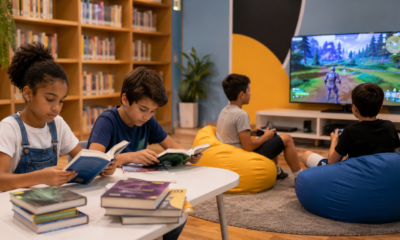 Children reading books at a table in a library while two others play a video game on a large screen in the background