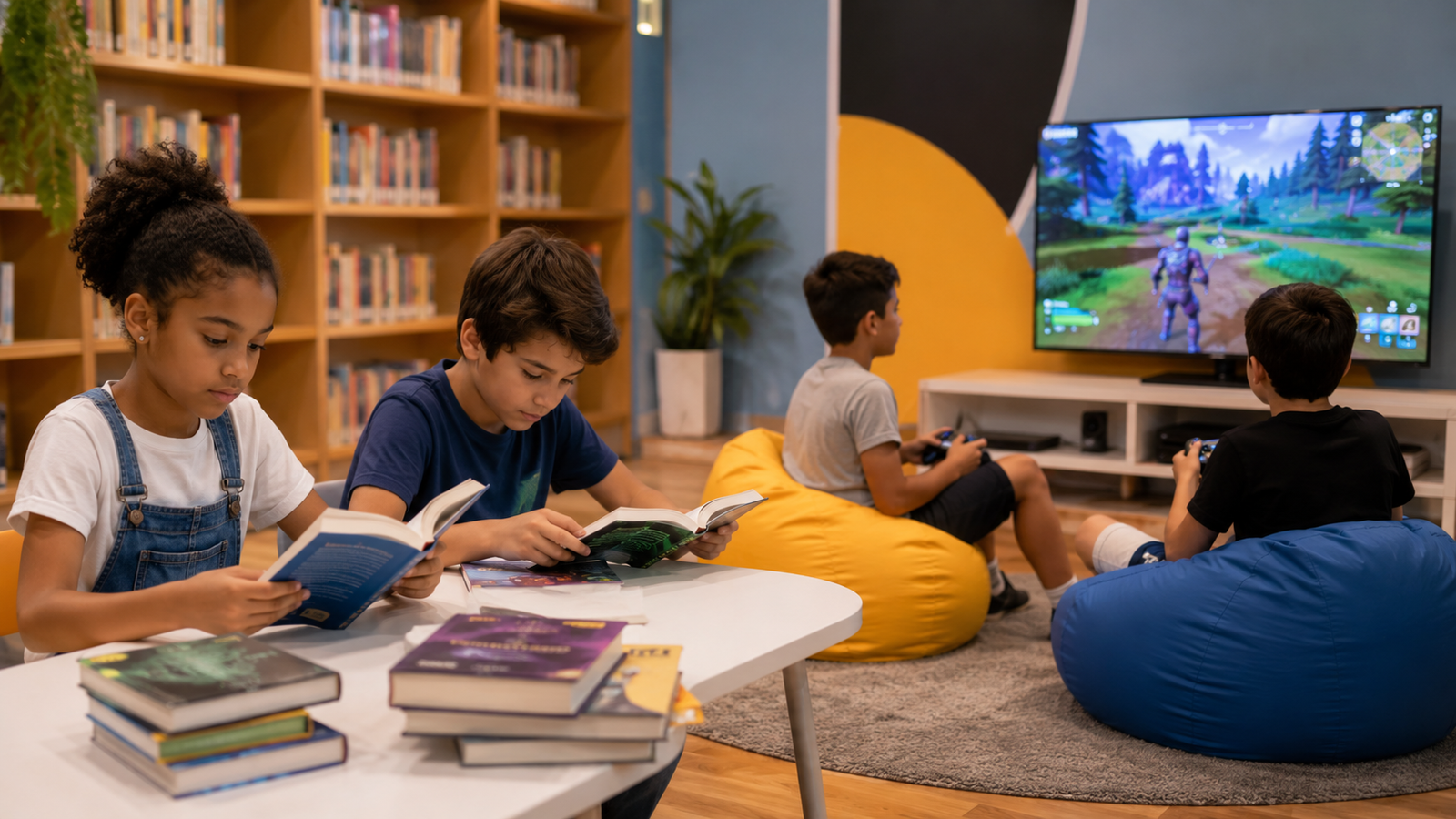 Children reading books at a table in a library while two others play a video game on a large screen in the background