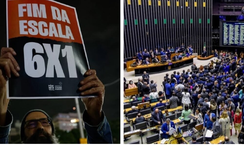 Close-up of a protester holding a sign that reads 'FIM DA ESCALA 6X1' during a night demonstration.