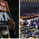 Close up of a protester holding a sign that reads FIM DA ESCALA X during a night demonstration