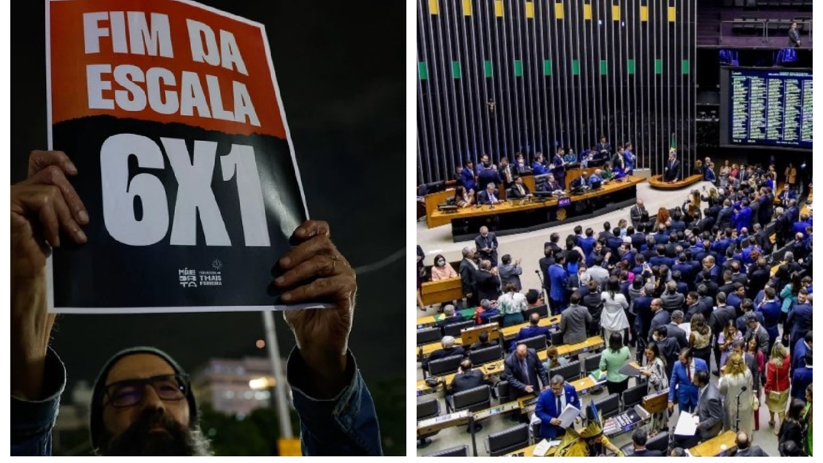 Close up of a protester holding a sign that reads FIM DA ESCALA X during a night demonstration