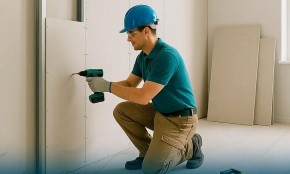 Construction worker in a blue helmet kneels and drills a wall with a cordless drill, installing drywall panels in an unfinished room.