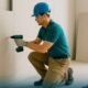 Construction worker in a blue helmet kneels and drills a wall with a cordless drill installing drywall panels in an unfinished room
