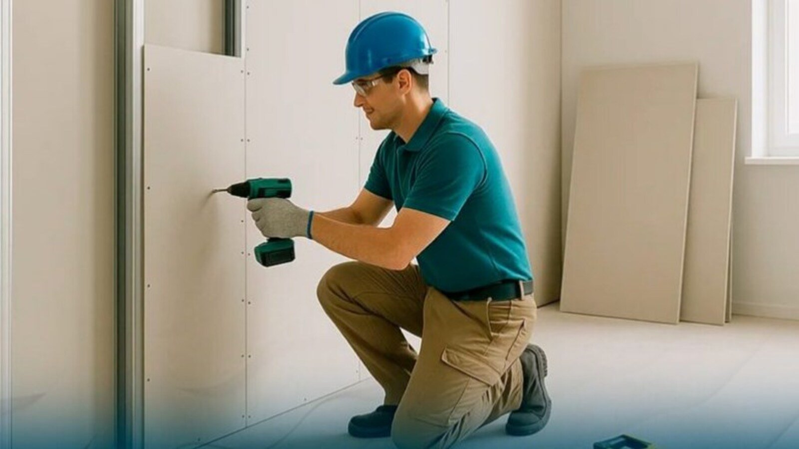 Construction worker in a blue helmet kneels and drills a wall with a cordless drill installing drywall panels in an unfinished room