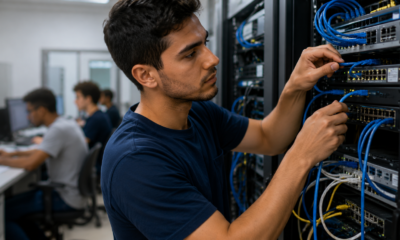 Male technician in a blue shirt cables a network rack in a data center