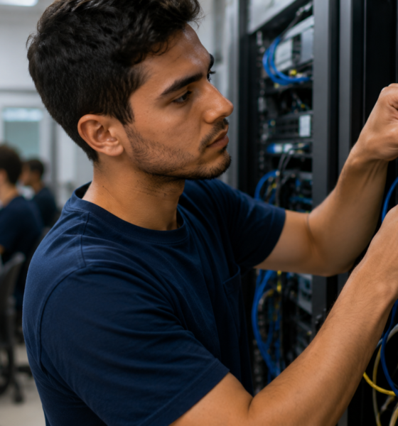 Male technician in a blue shirt cables a network rack in a data center