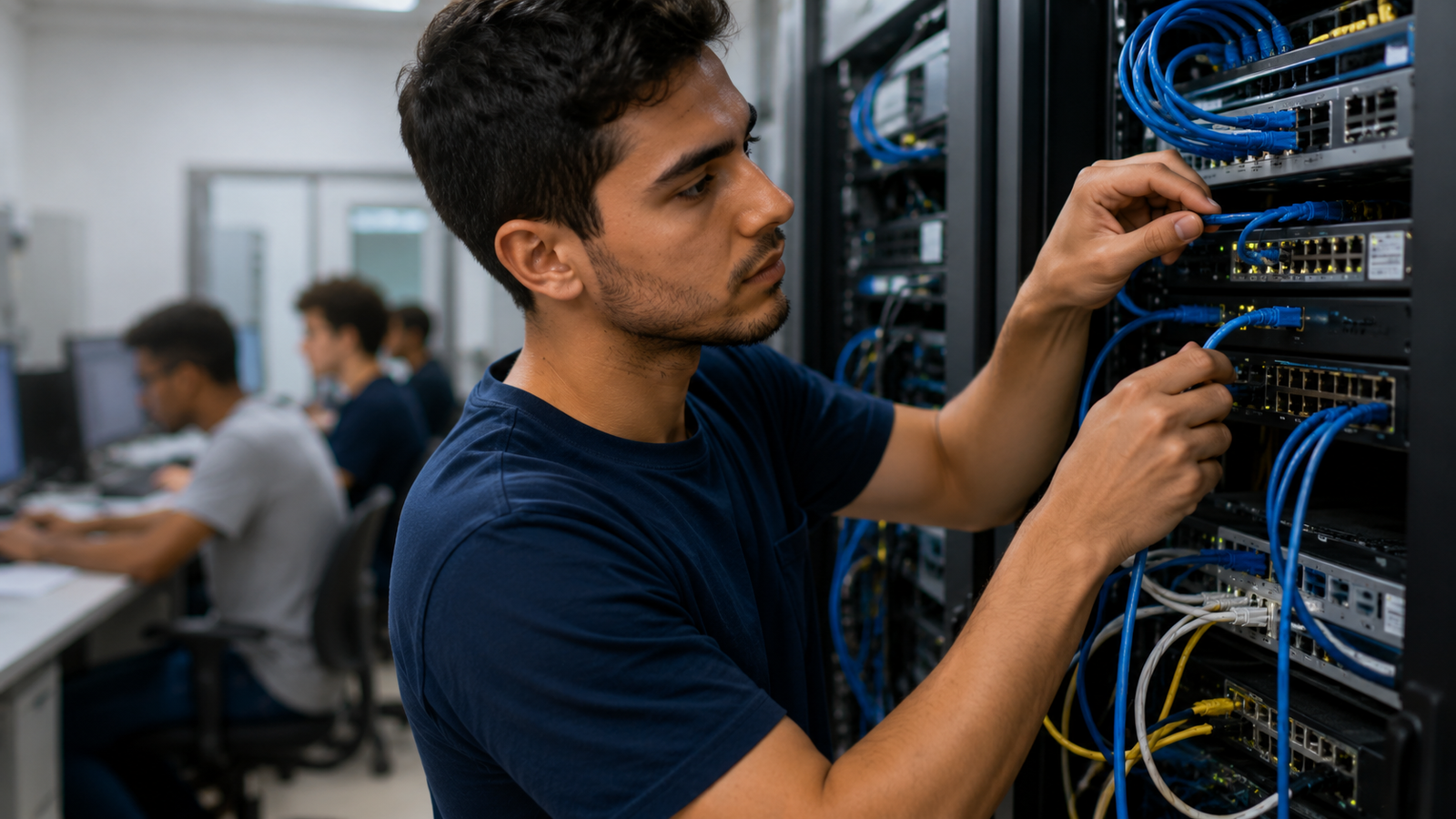 Male technician in a blue shirt cables a network rack in a data center