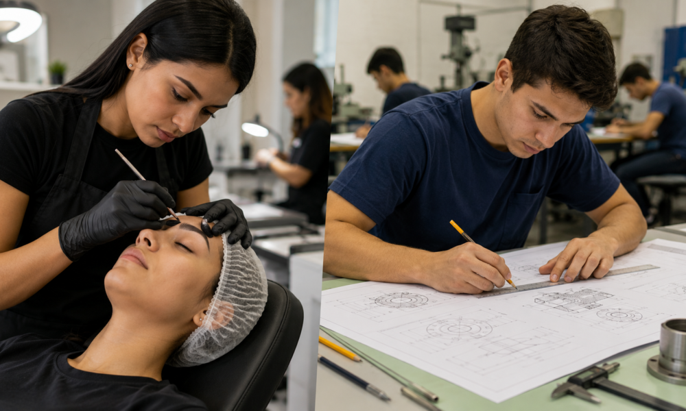Two-panel scene: left shows a cosmetology student applying makeup to a client's eyelids while the client rests, right shows a student drafting engineering drawings with a ruler at a workstation.